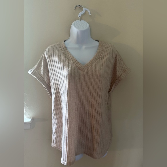 Beige Ribbed V-Neck Top - Picture 1 of 5